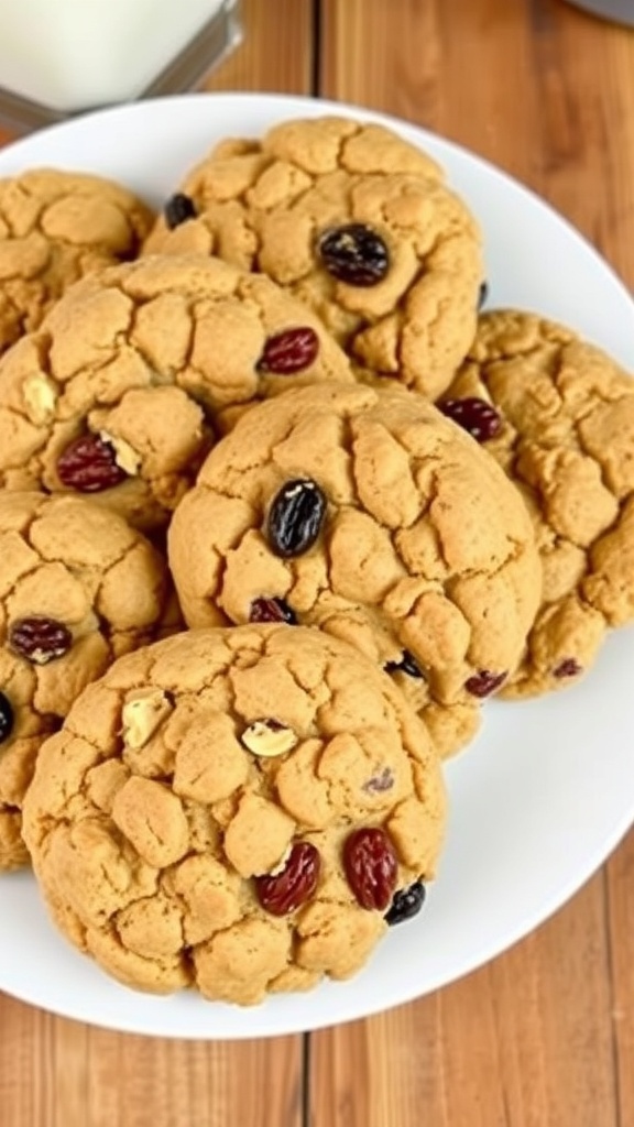 A plate of golden brown oatmeal raisin cookies with nuts, served with a glass of milk.